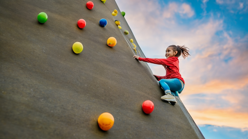 A kid overcoming a physical challenge (climbing wall, obstacle course), or expressive visual of determination