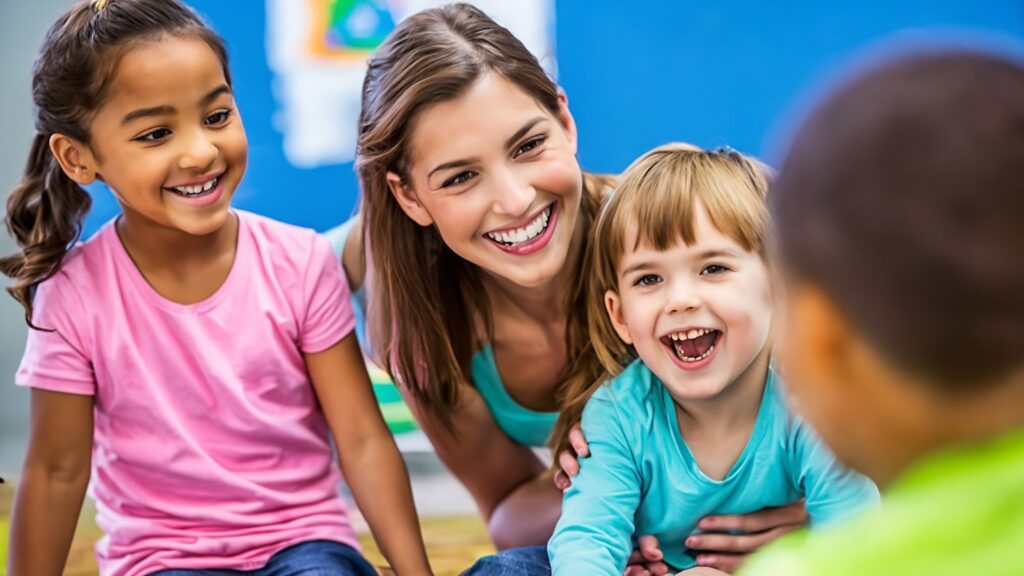 Children high-fiving during a group sports therapy session outdoors.
