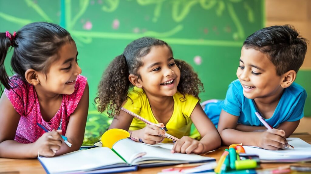 A hands-on scene—children in a small group learning session, journaling, or participating in an arts-and-wellness activity