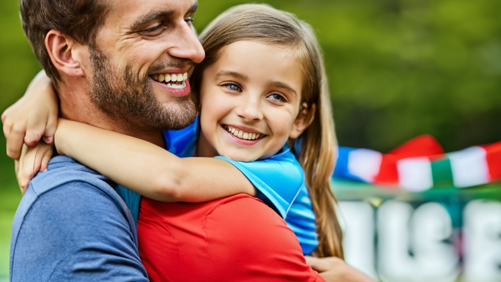 Parent embracing their young athlete after a competition with joyful expression.