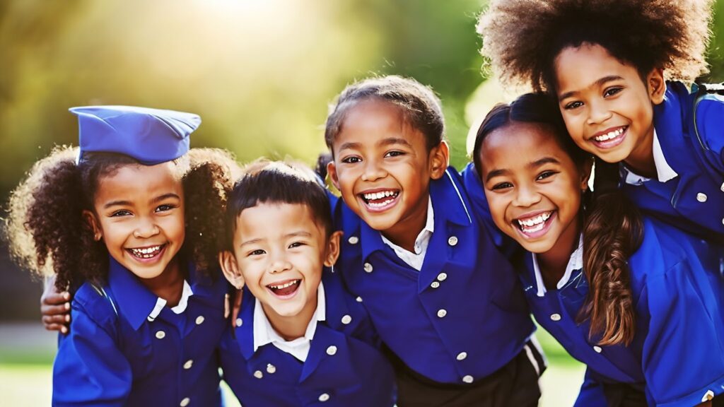A joyful team moment—kids smiling in uniforms or enjoying a group activity